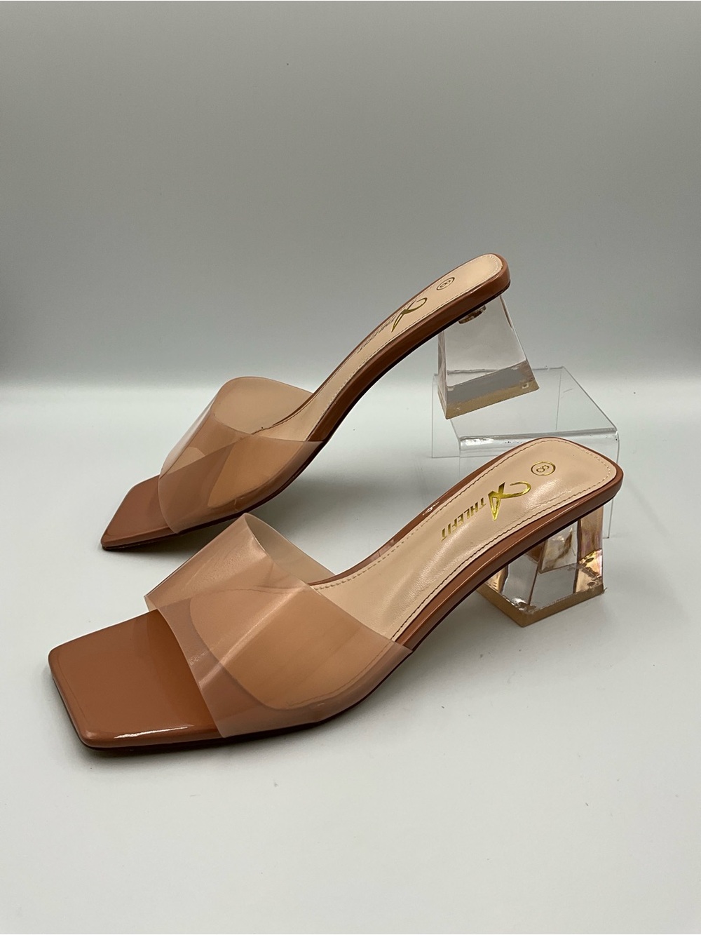 Athlefit Mules Size 8 Cognac Clear-Band Block Heel Mules